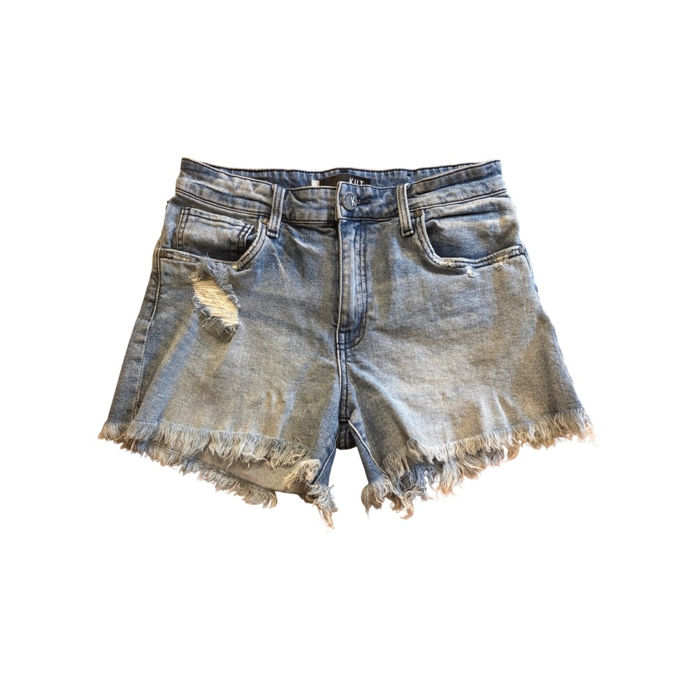 Kut from the Kloth Jane High Rise Long Shorts Light Wash Distressed Frayed Sz 4